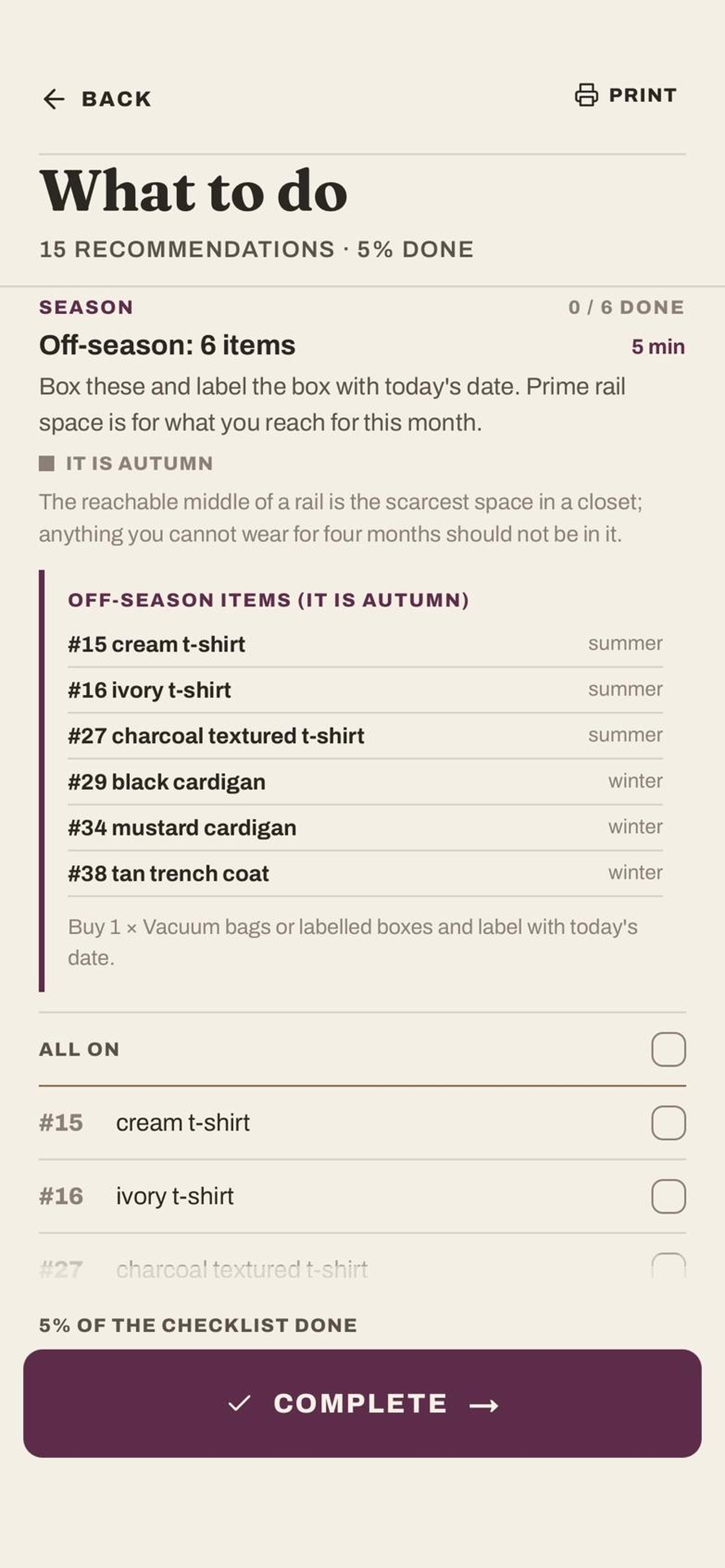 An organization step listing the off-season garments to box, each with the season that put it there.