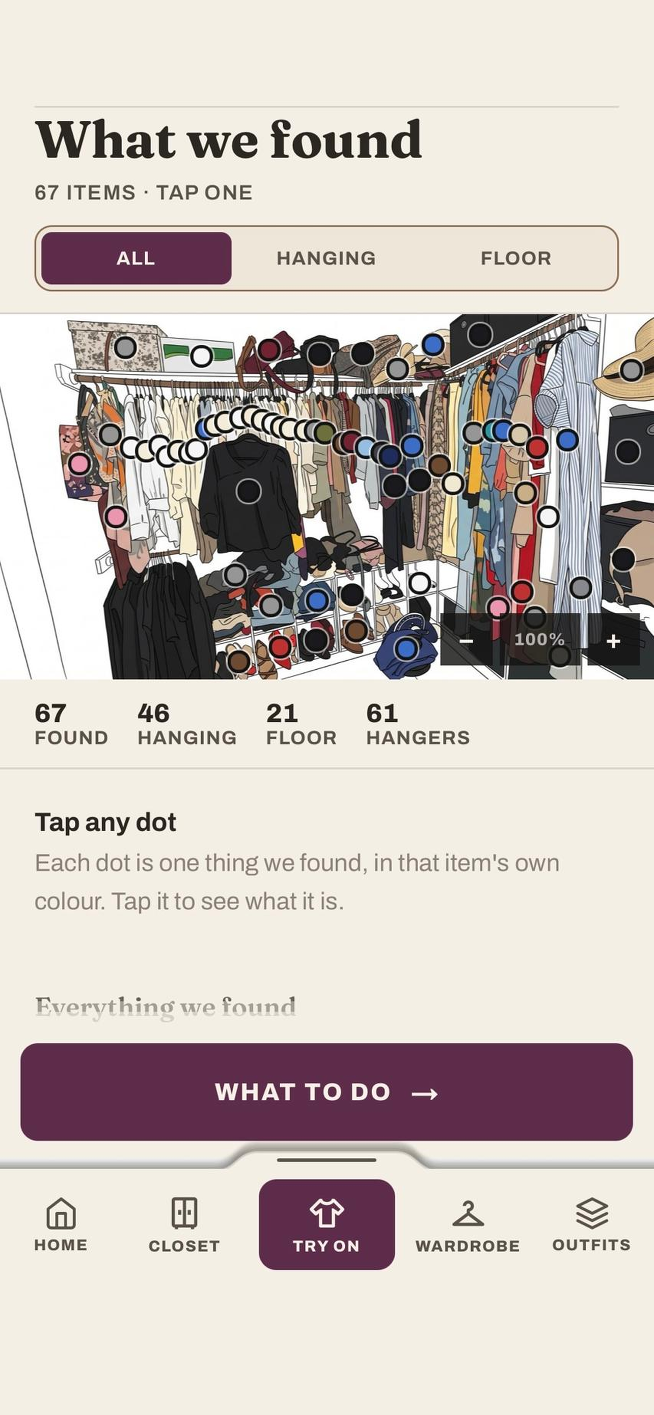 A photographed closet with a coloured dot on each of the 67 things found, counted by hanging, floor and hangers.