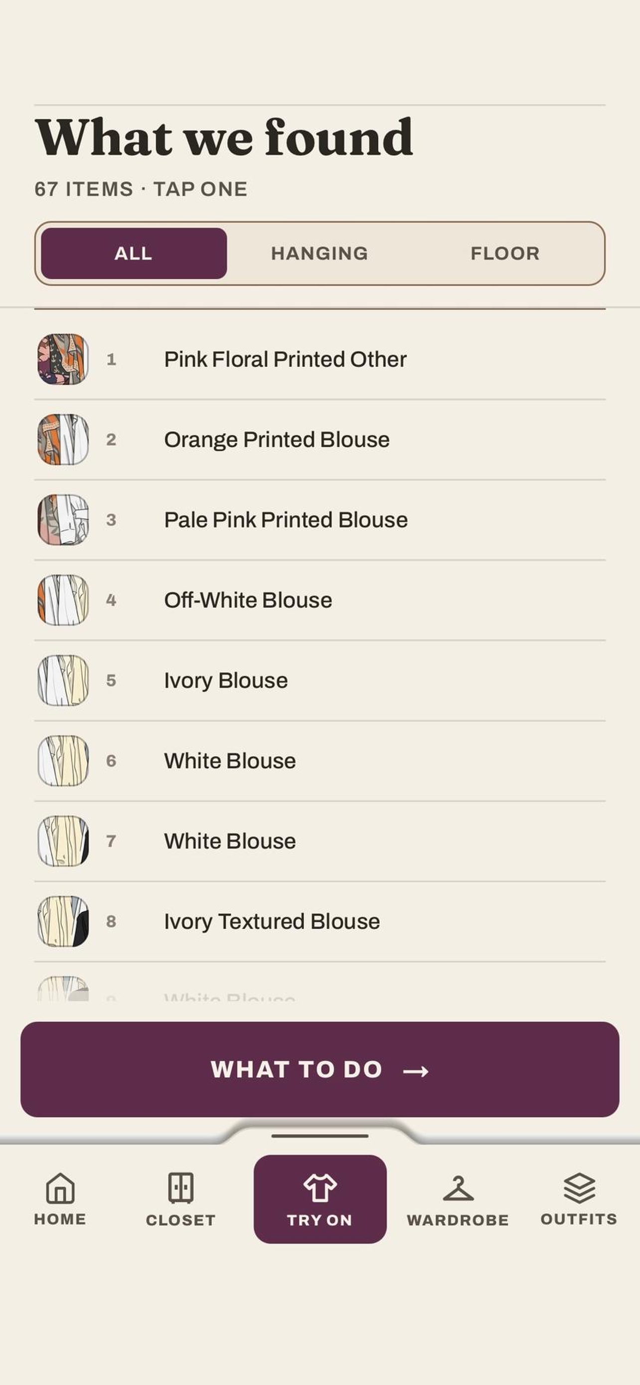 The list of everything found in the closet, each garment with its own cropped photo, colour and type.