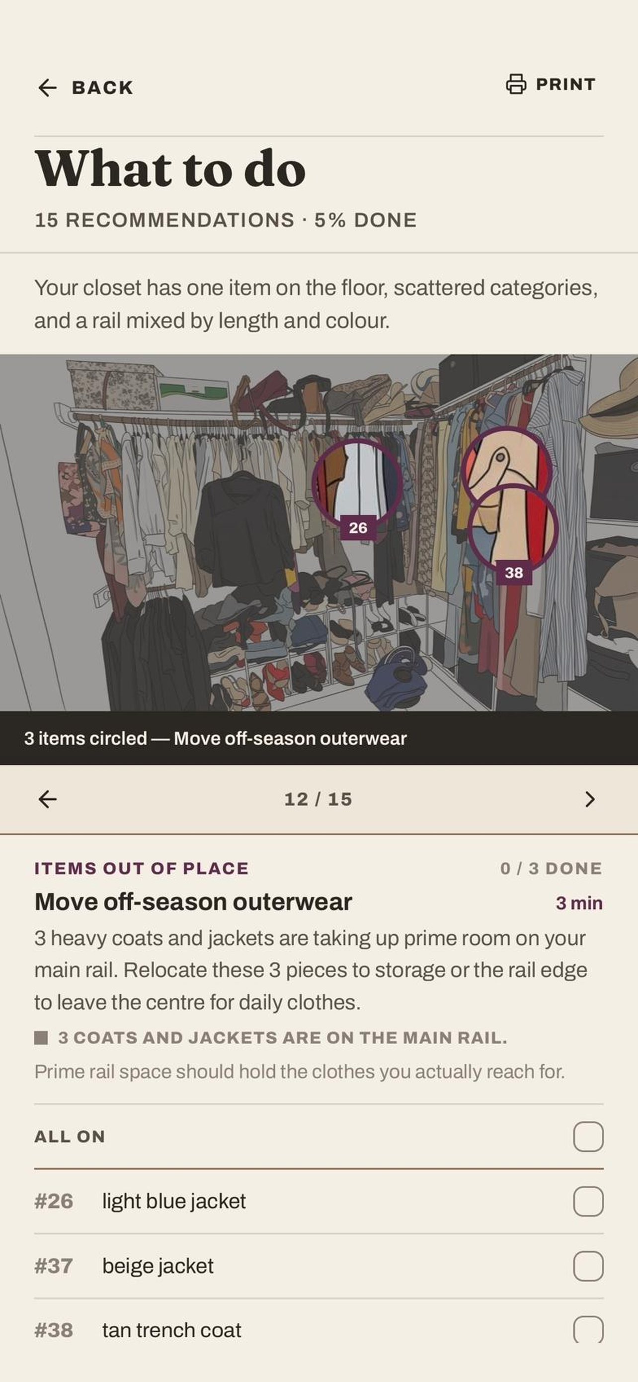 A closet organization step with the items to move circled on the photograph and listed underneath to tick off.
