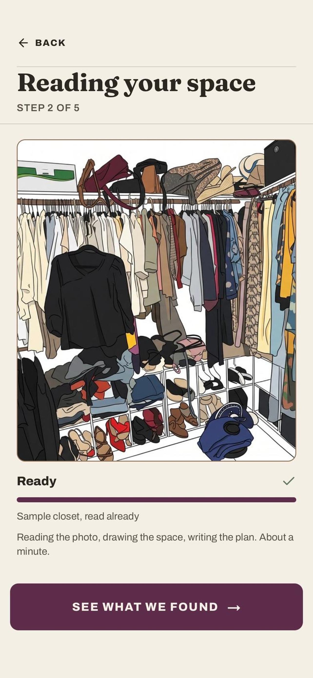 Deklat reading a photographed closet, drawing the space and writing the plan, with a progress bar and step count.