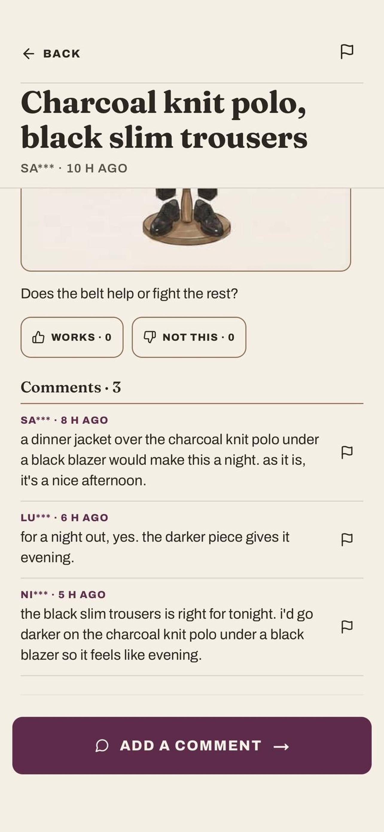 One community outfit with the question asked underneath and three answers from other wearers.