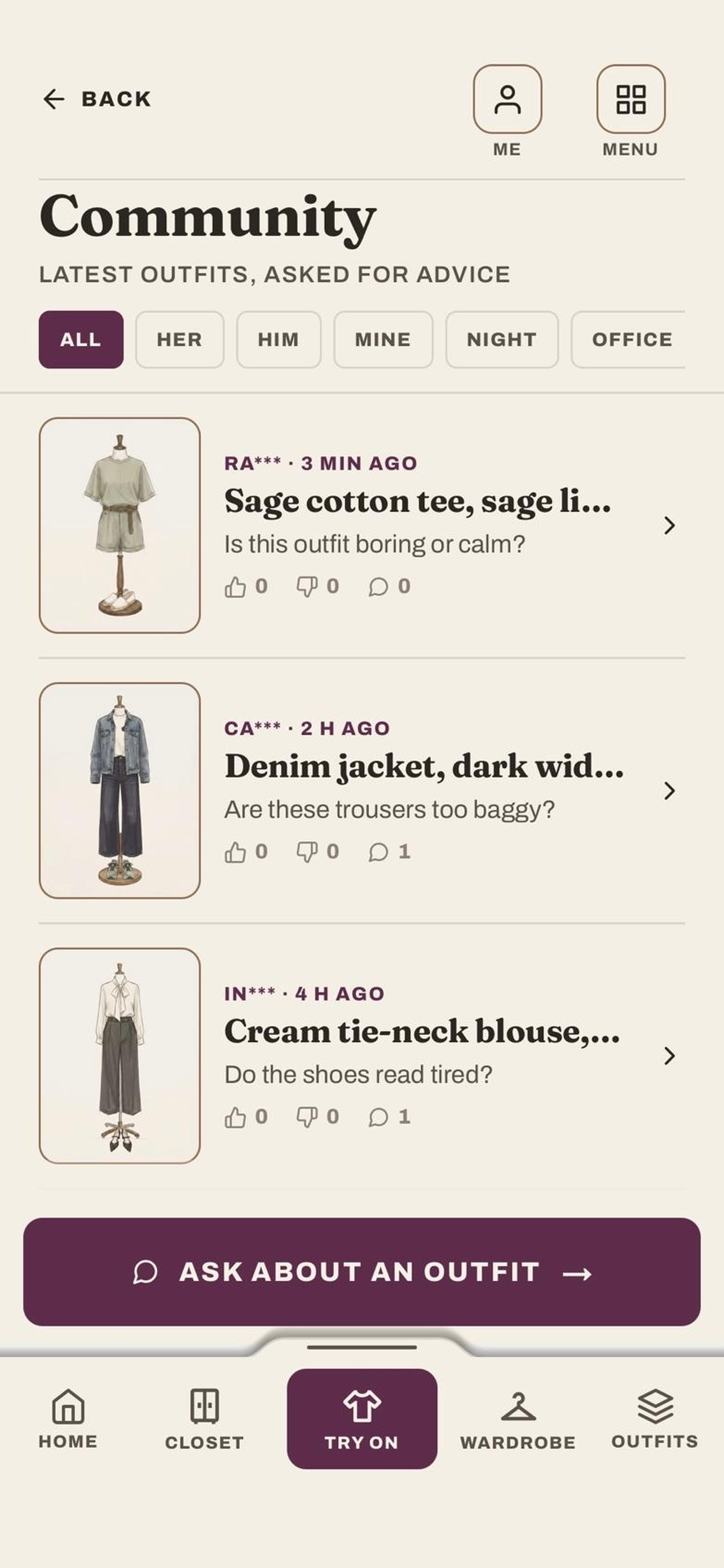 Community outfits posted for advice, each with the question asked, its thumbs and its comment count.