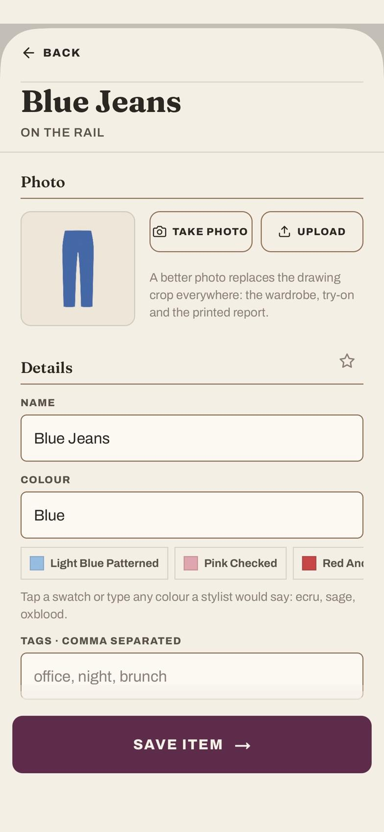 A garment editor for a pair of blue jeans with its photo, name, colour swatches and comma-separated tags.