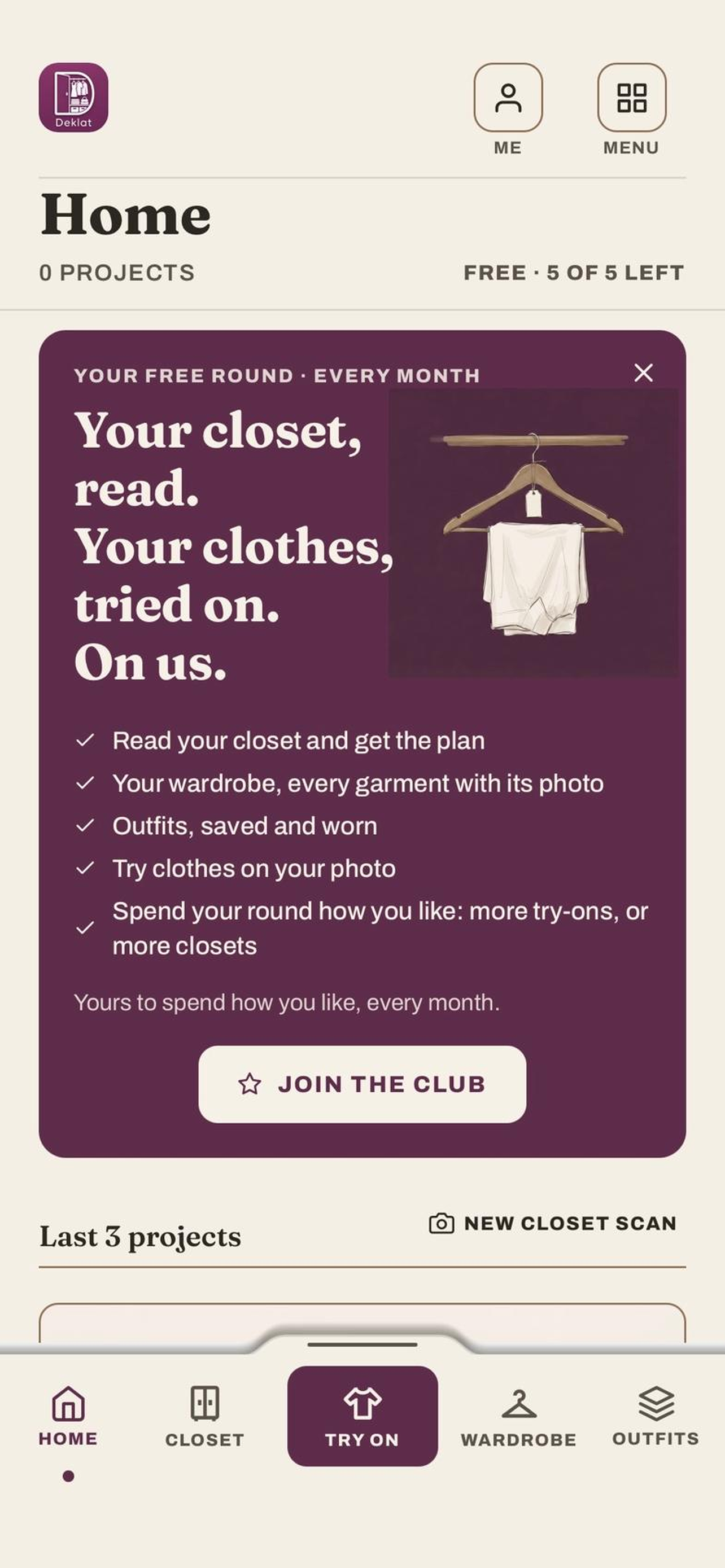 Deklat Home with the monthly free round, the projects count, and the closet, try-on, wardrobe and outfits tabs.