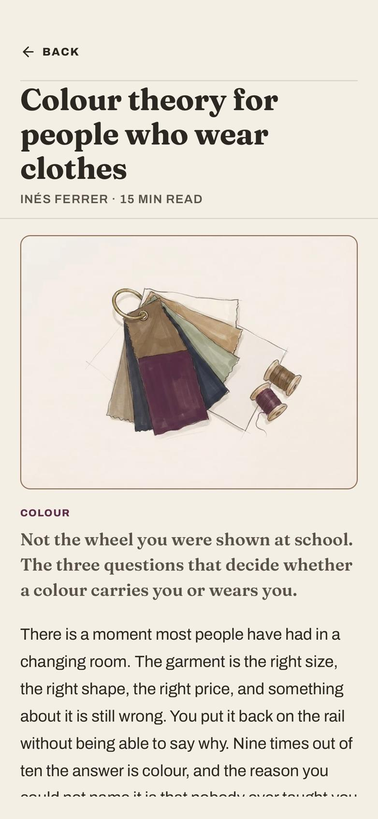 A Learn piece on colour theory, illustrated with fabric swatches and read inside the app.