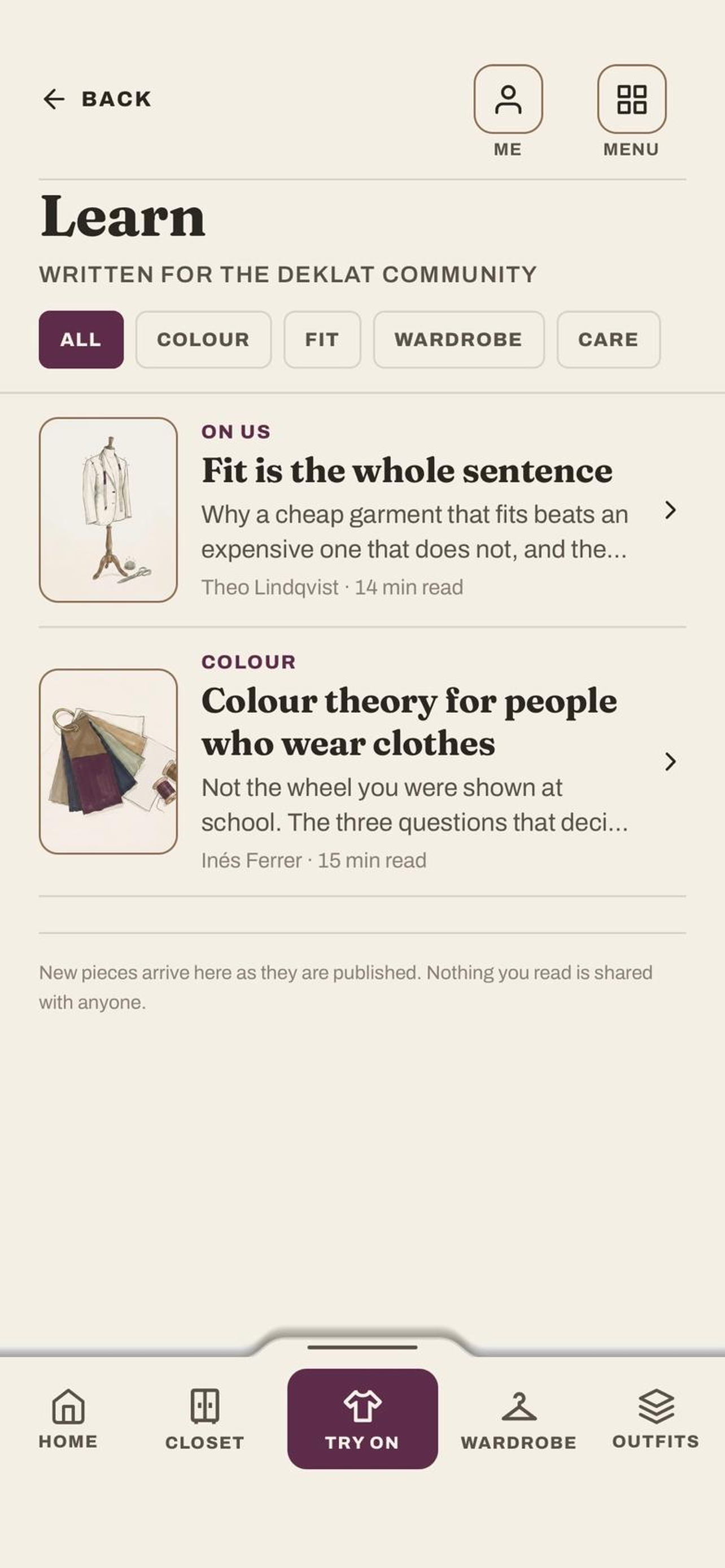 Learn pieces on colour, fit, wardrobe and care, each with its author and how long it takes to read.