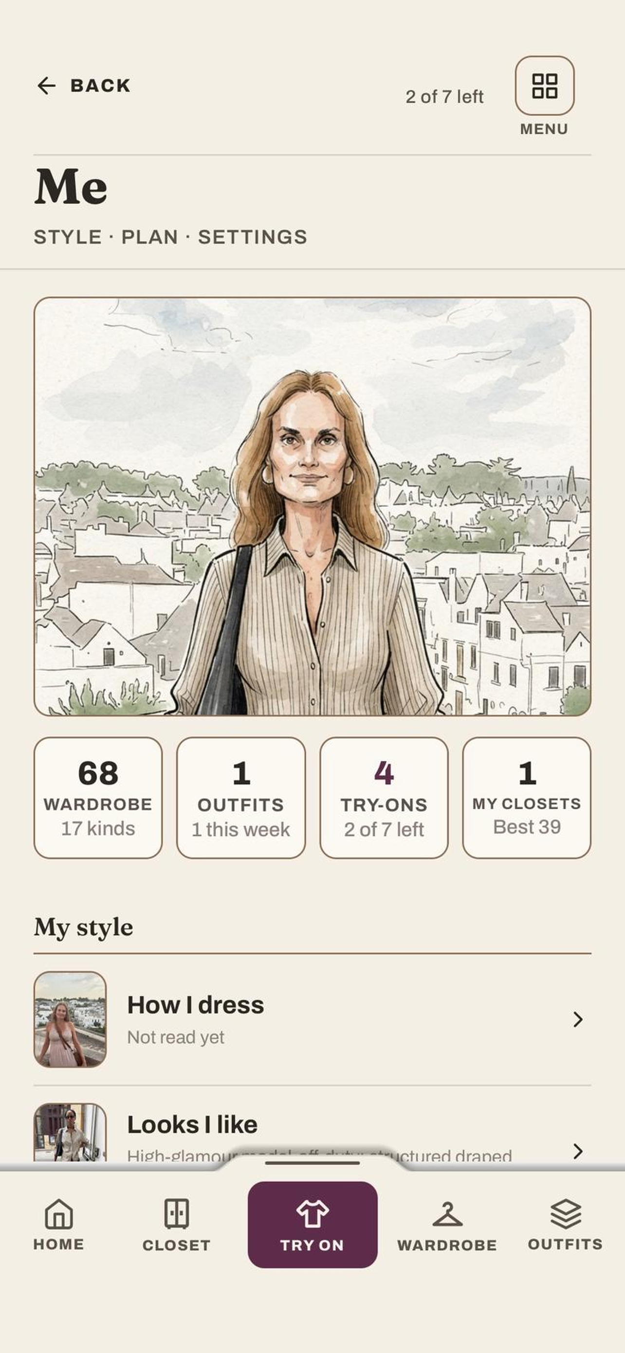 The Me page with your drawn portrait, wardrobe and outfit counts, and your style settings.