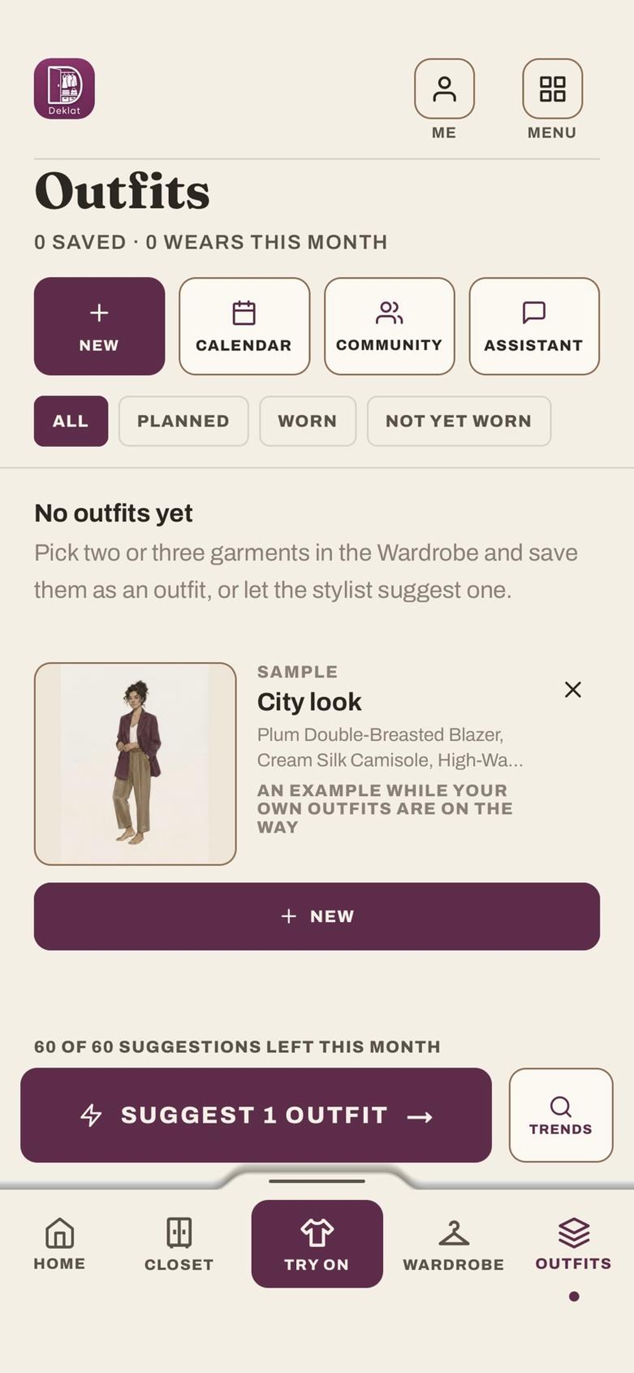 The outfits area before the first outfit is saved, with a sample look and actions for calendar, community and the assistant.