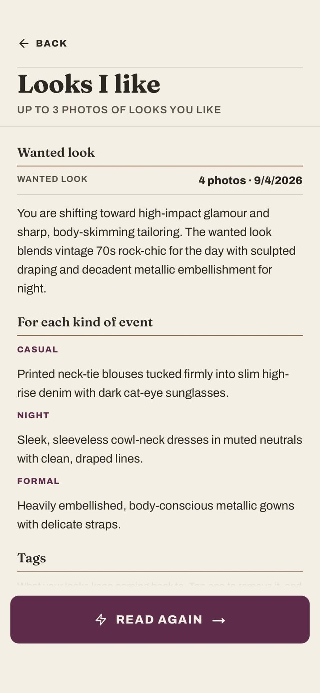 The style direction read from your photos, written out for casual, night and formal occasions.