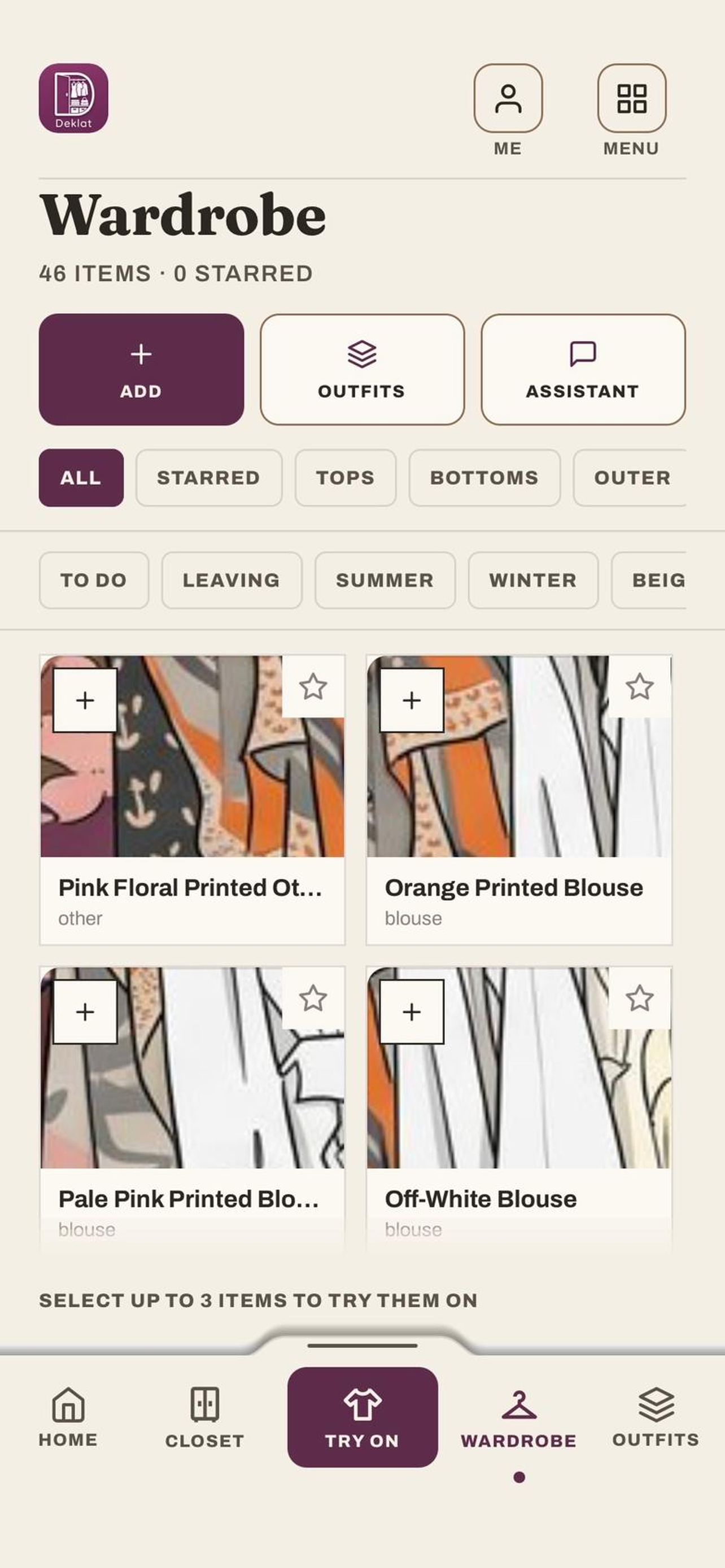 A wardrobe grid of photographed garments with filters for type, season and colour, ready to pick for an outfit.