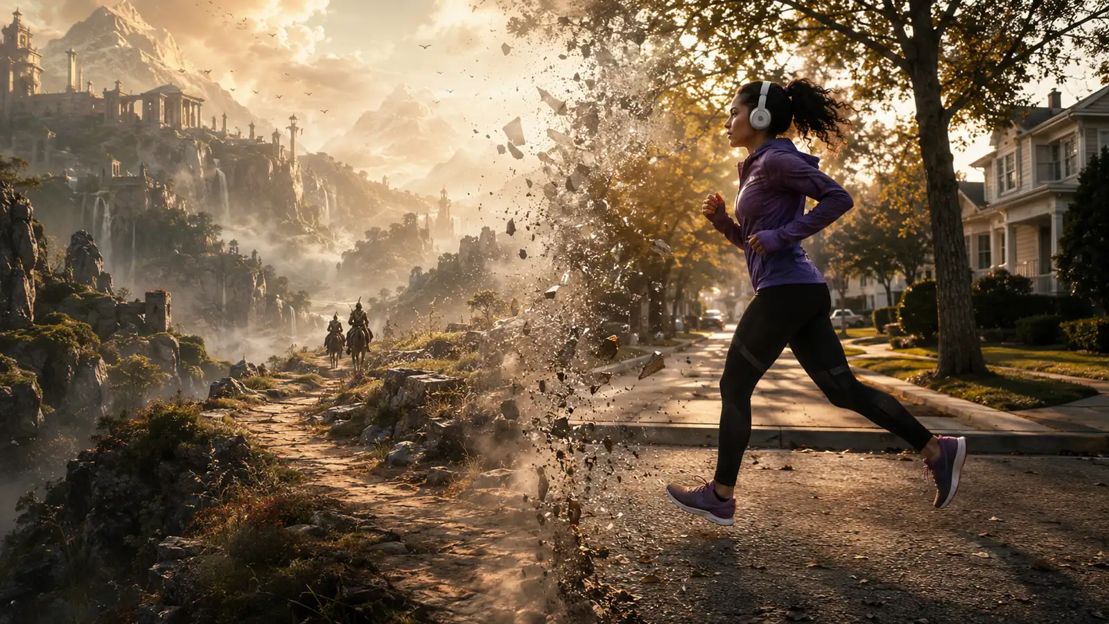 A runner on a suburban street at sunrise. The road behind her breaks apart into a mountain kingdom of towers and waterfalls, with two riders on the path below.