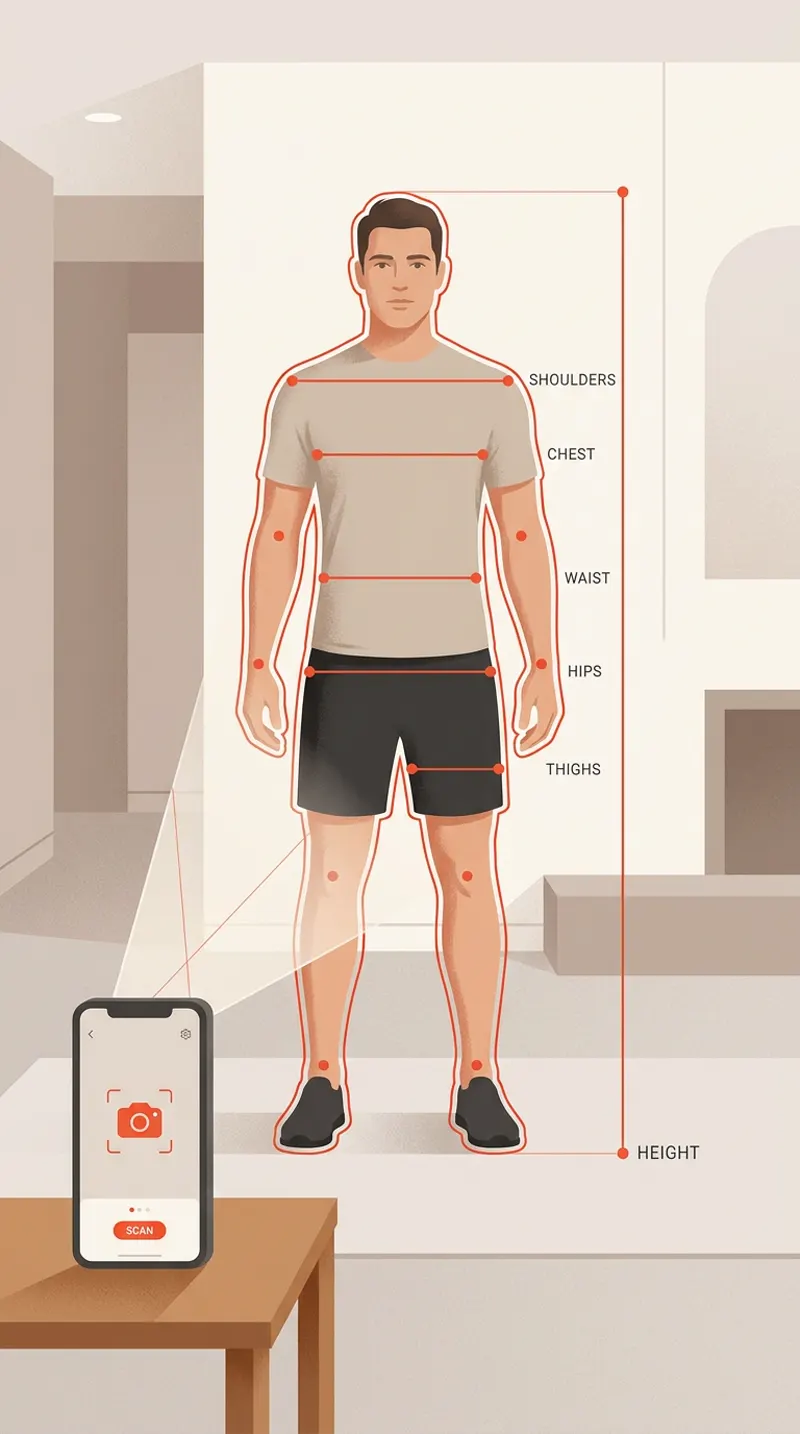 A phone on a table with its camera pointed at a person standing against a wall, measurement lines marked from shoulders to thighs and a height line beside them