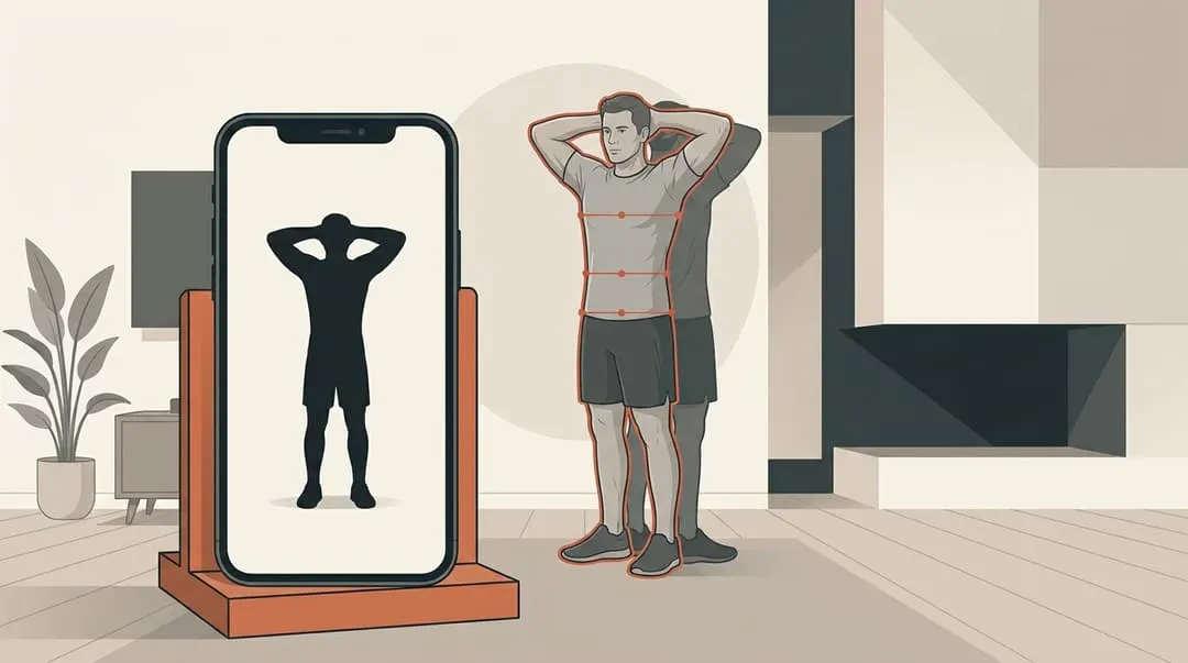 Illustration of a runner standing head to feet in front of a propped phone, measurement lines drawn at the chest, waist and hips