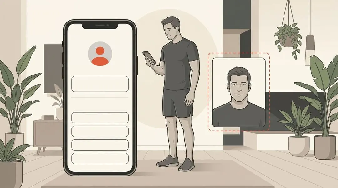 Illustration of a runner at home beside a phone showing a profile form, with a head-and-shoulders photo being attached to it