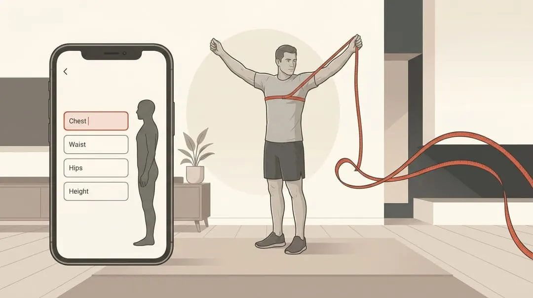 Illustration of a person drawing a tape measure around their own chest, beside a phone listing chest, waist, hips and height to type in