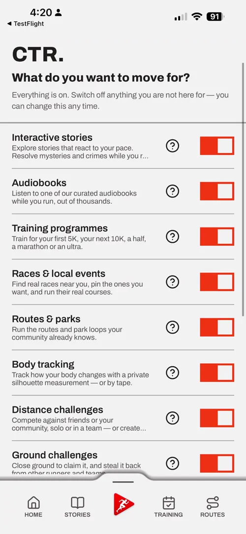 A screen of the Choose The Run app