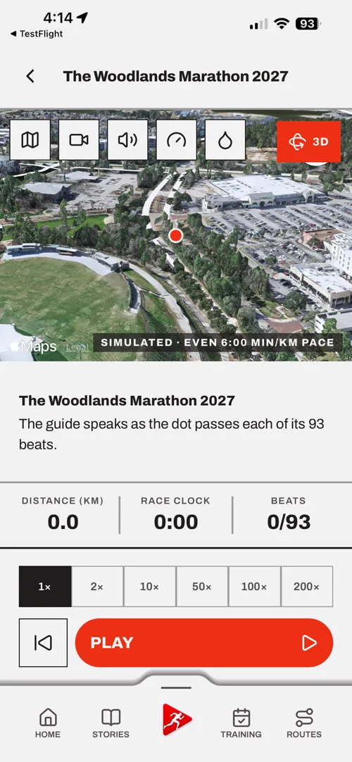 The run recorder showing distance, a map and a bar naming the story chapter currently playing