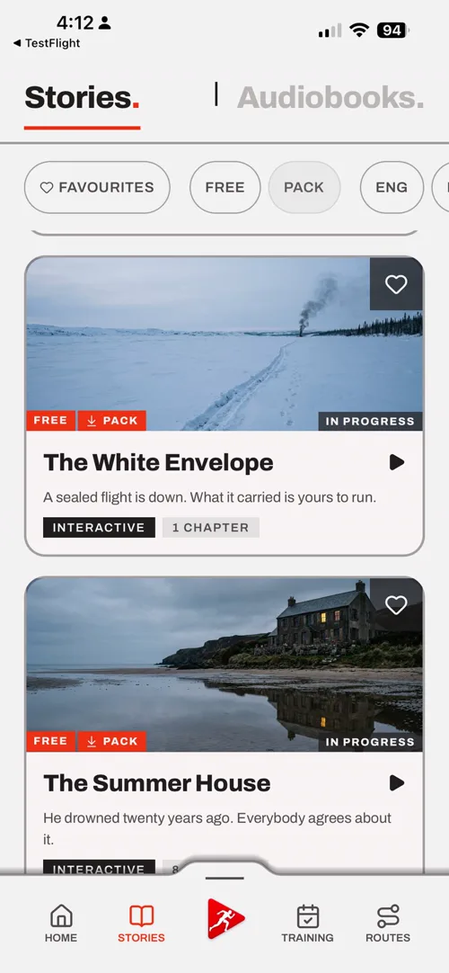 The stories shelf listing interactive seasons, with filters for free, demo and pack titles