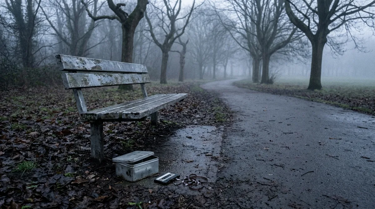 A weathered park bench beside a foggy path, with an opened tin and a cassette lying on the ground below it