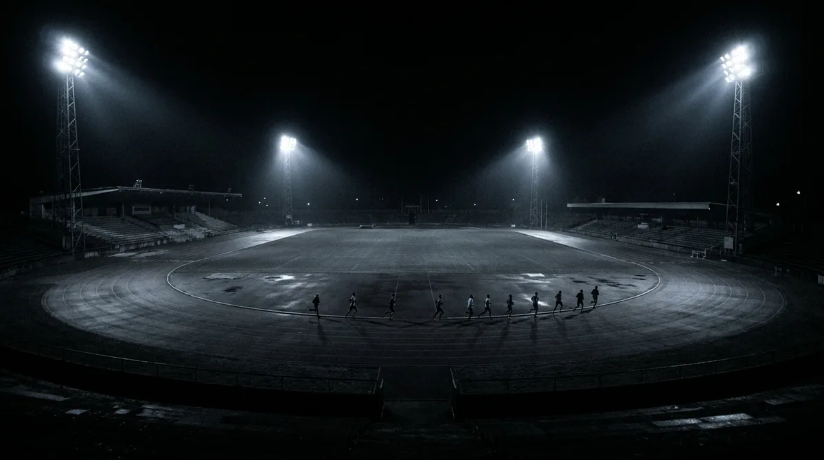 An empty floodlit running track at night, one lane marked with tape