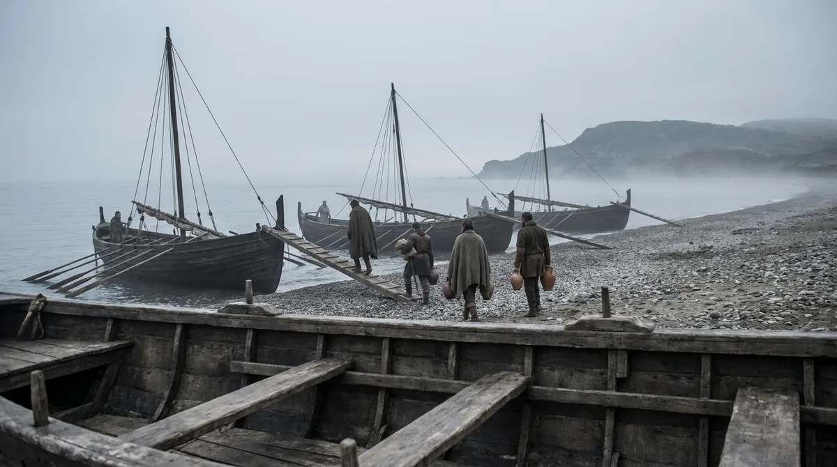 Three wooden ships beached on a grey shingle shore, with crew carrying jars toward the boarding plank