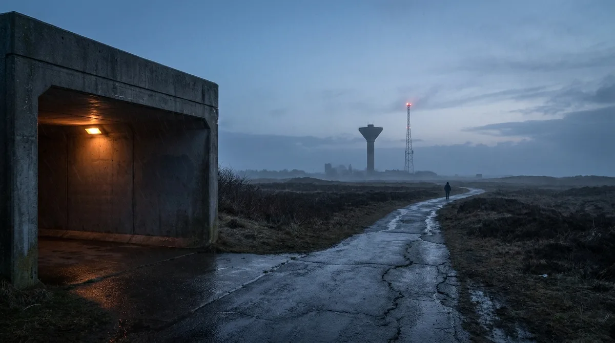 A wet path at dusk leading toward a distant mast with a red light, one figure walking ahead in the half dark