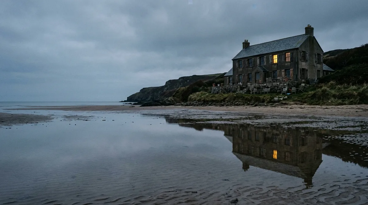 A shuttered coastal house above a grey beach, its terrace furniture stacked and covered